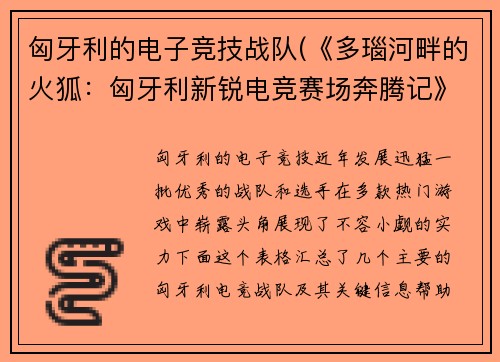 匈牙利的电子竞技战队(《多瑙河畔的火狐：匈牙利新锐电竞赛场奔腾记》)